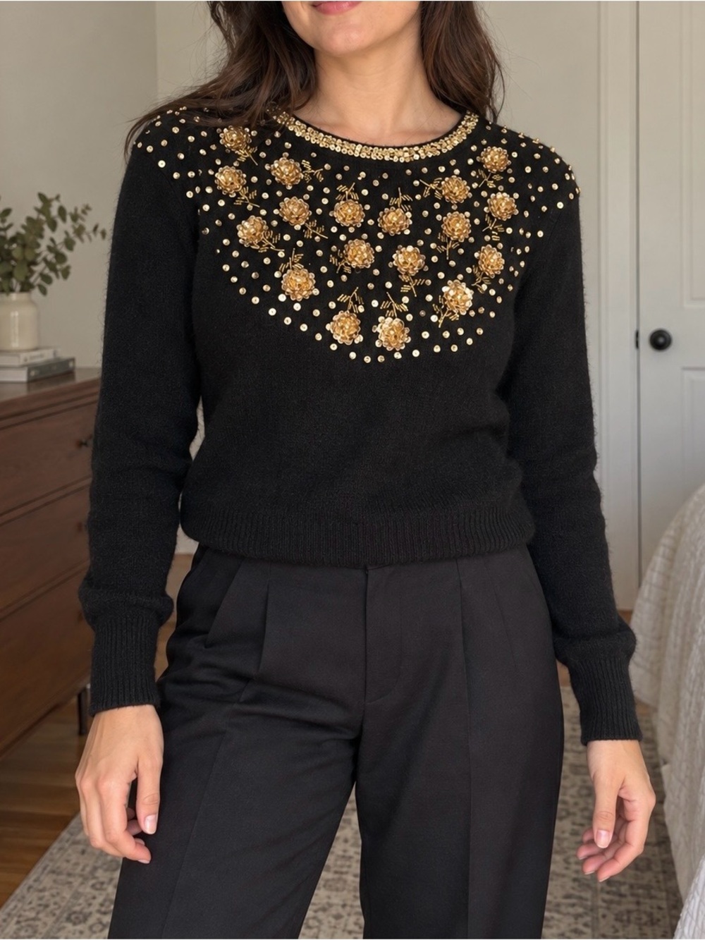 Worthington Black Crewneck Sweater with Gold Floral Embellishment